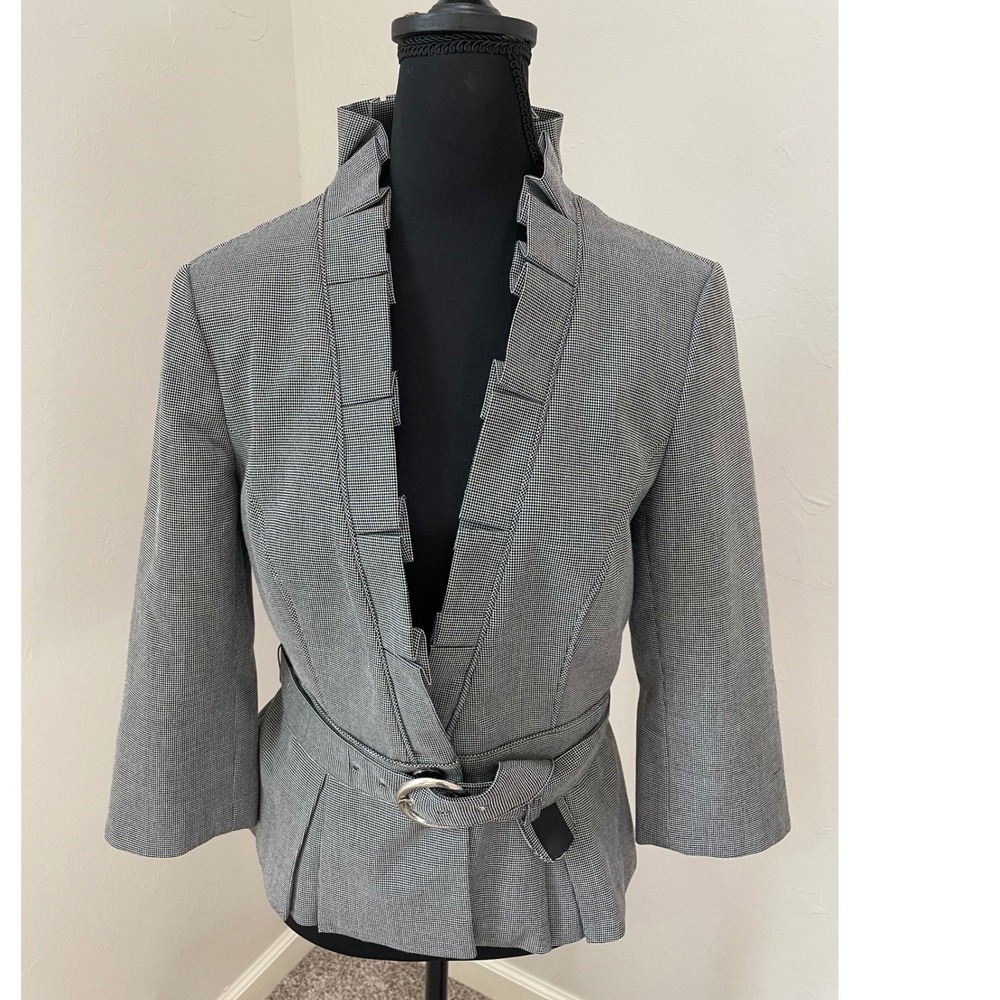 White House Black Market Belted Pleated Peplum Blazer Black White Check Size 6